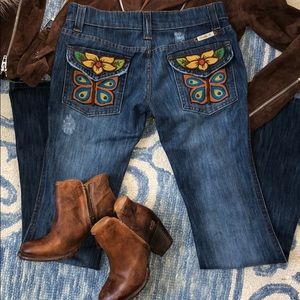 Frankie B Butterfly blue jeans wide leg pant boho